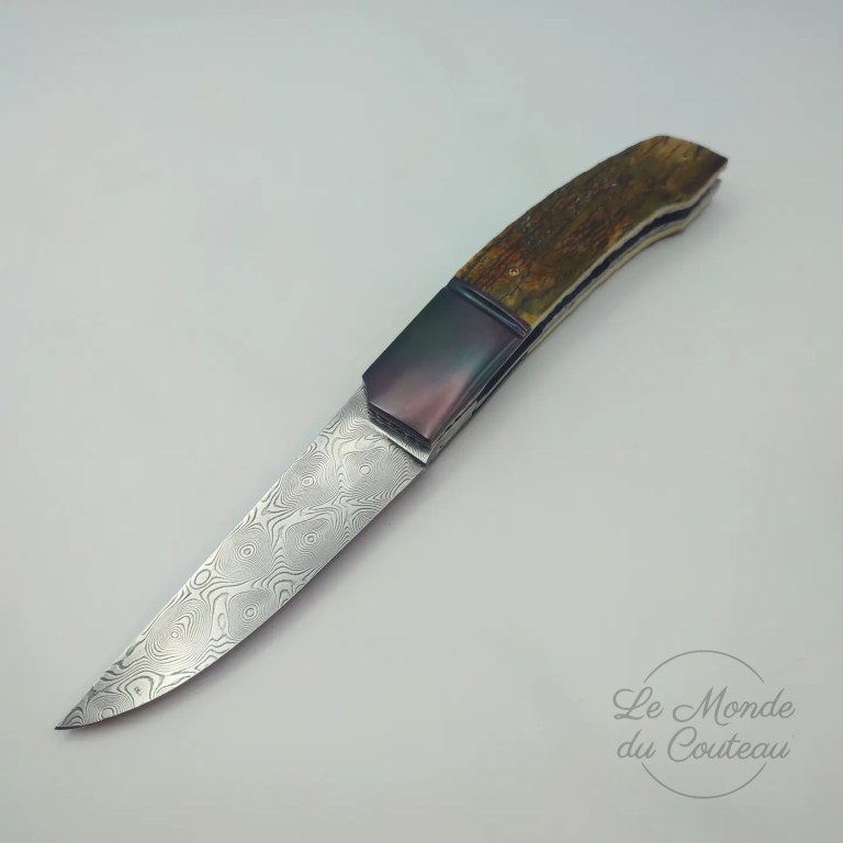 Handcrafted folding knife in mammoth/zirco and Damascus steel by Giuseppe Pala