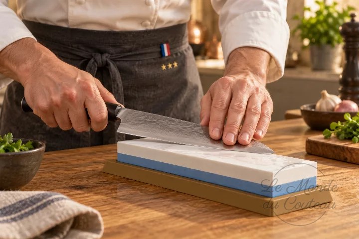 Illustration : un chef aiguise un couteau japonais sur une pierre à eau
