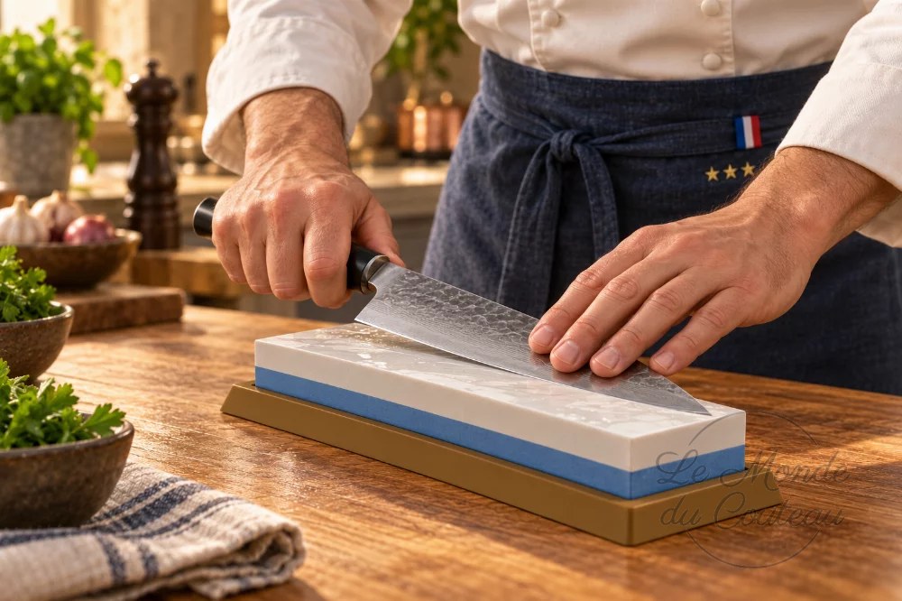 Illustration : un chef aiguise un couteau japonais sur une pierre à eau